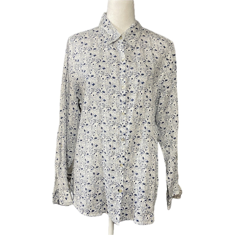 Cynthia Rowley Linen Shirt Womens L White Blue Floral Button Up Long Sleeve Top